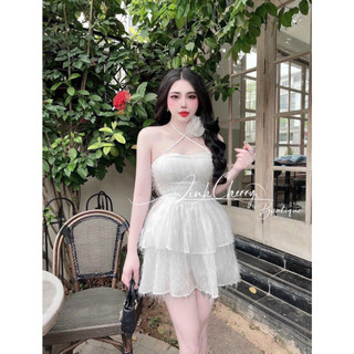 Đầm tiểu thư thiết kế sang trọng, Set đầm lông vũ 2 dây có bông hồng ở cổ dáng tầng siêu xinh phù hợp đi tiệc đi chơi