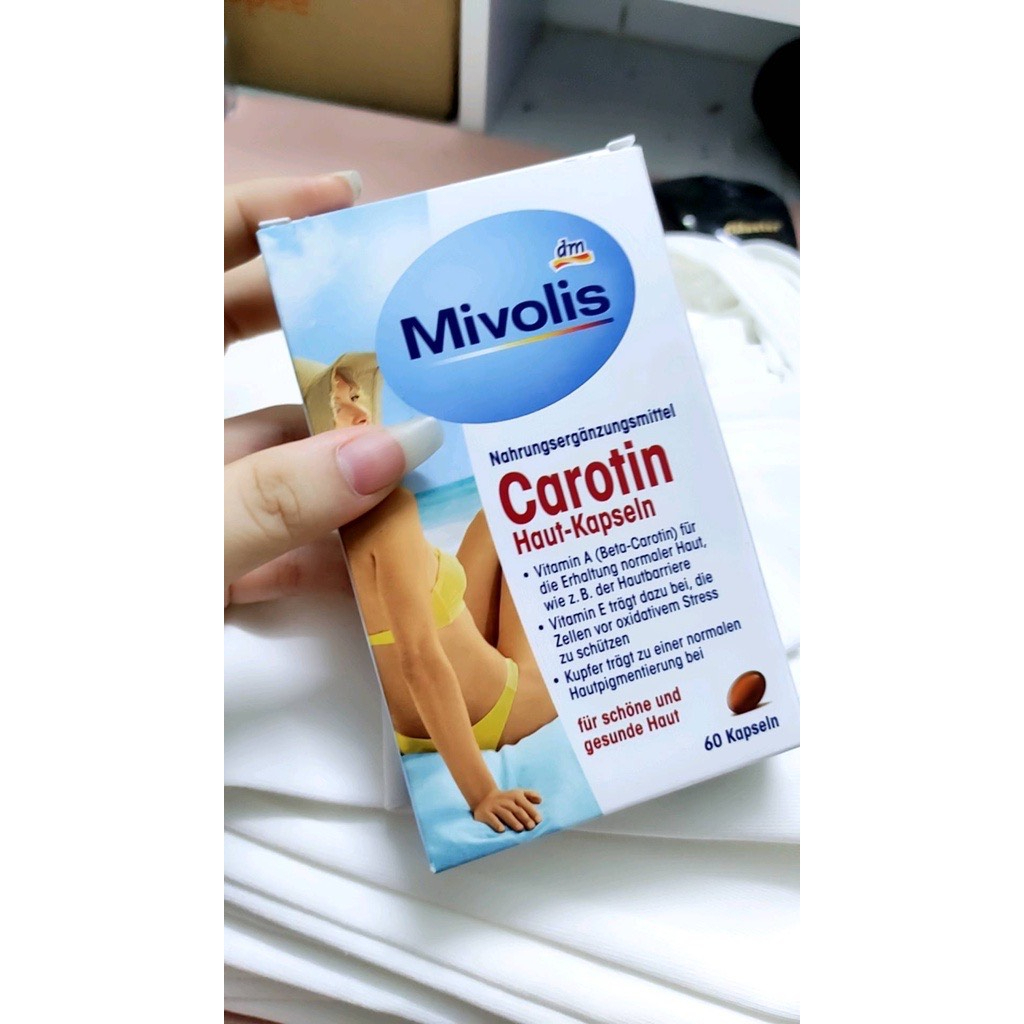 Chống nắng Mivolis Carotin viên uống chống nắng body mặt trắng da mờ thâm sản sinh collagen tái tạo da chống lão hoá