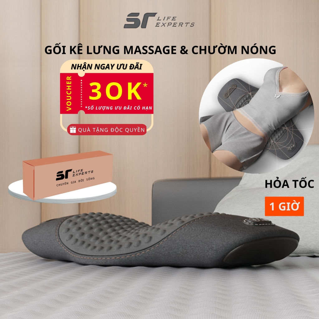 Gối Kê Lưng Tích Hợp Massage Chườm Nóng, Đệm Lưng Chống Đau Lưng, Thoát Vị Đĩa Đệm, Giảm Đau Cột Sống - Sairui