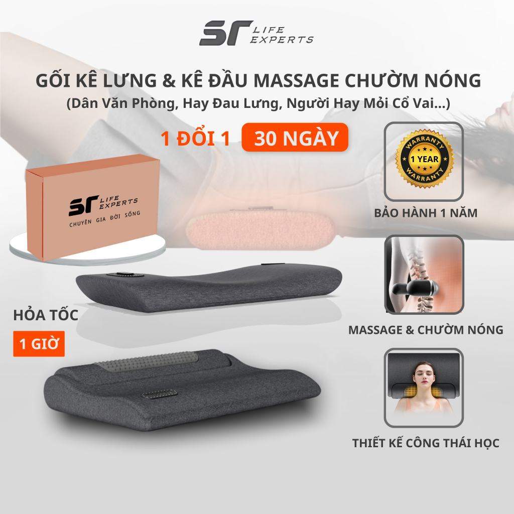Combo Gối Đầu Và Kê Lưng Tích Hợp Massage Chườm Nóng, Cao Su Non Thư Giãn, Giảm Đau Mõi Cổ Vai Gáy & Thắt Lưng- Sairui