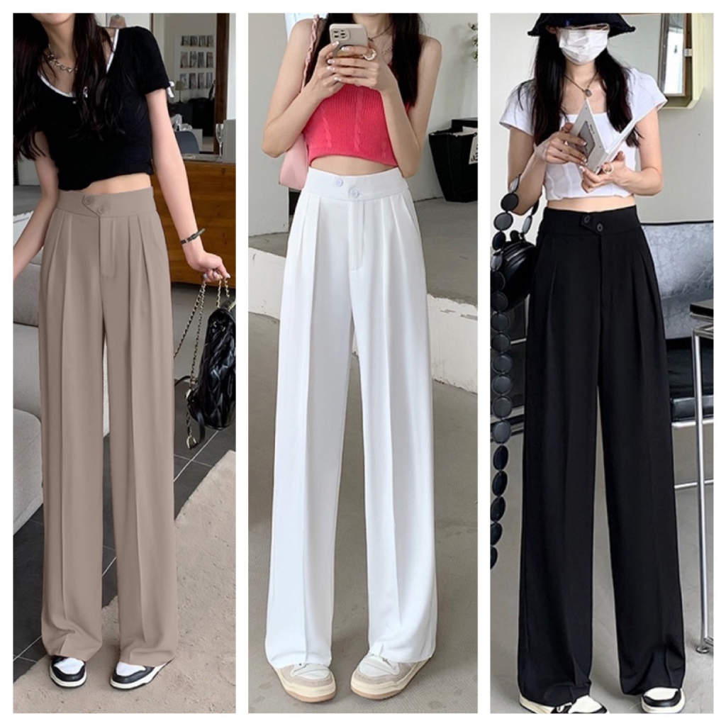 Quần Tây Ống Rộng Nữ Cạp cao khóa trước khuy lệch chất tuyết mưa siêu cá tính