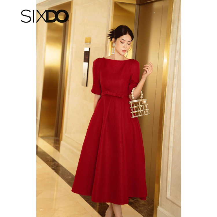 Đầm đỏ midi dáng xòe tay lỡ phối nơ eo thời trang SIXDO