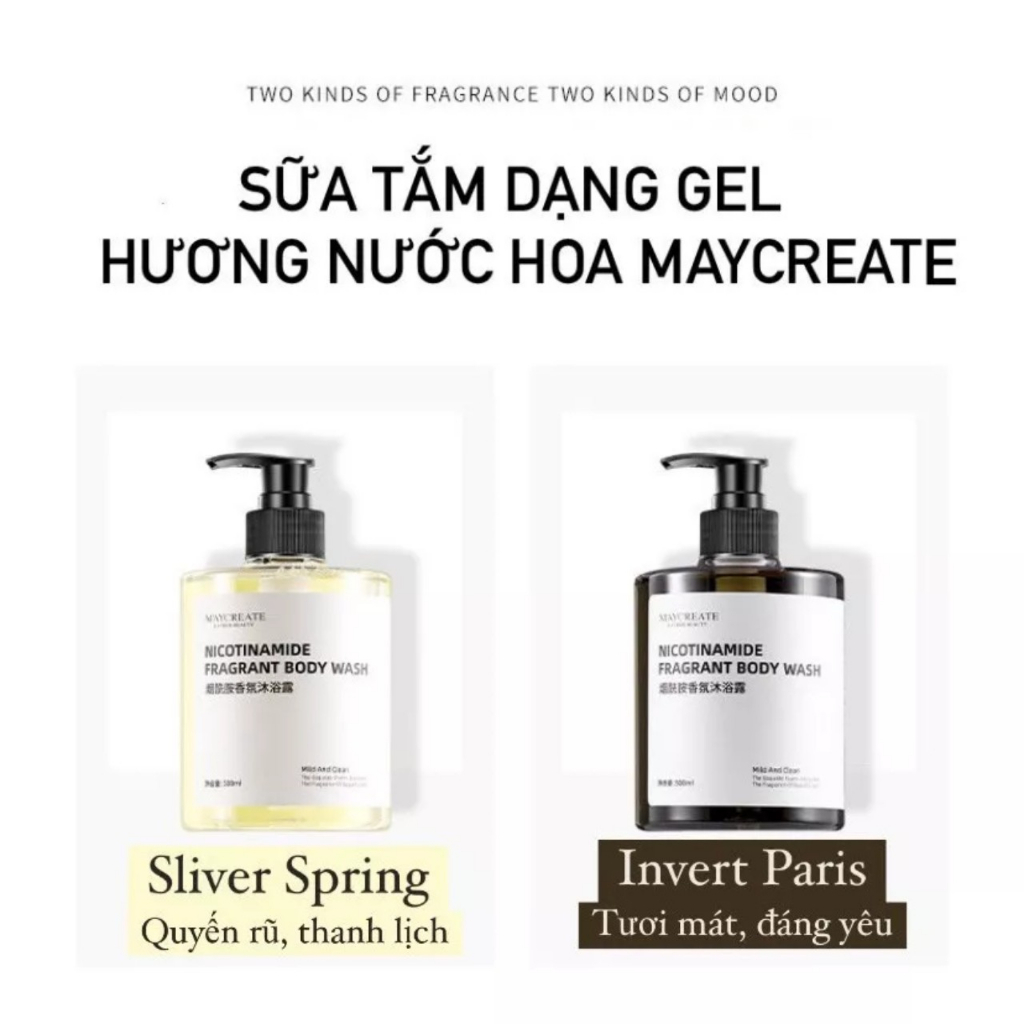 Sữa Tắm  MAYCREATE Niacinamide Nước Hoa Dài Lâu, Chiết Xuẩt Lành Tính,Mùi Hương quyến rũ Unisex chai 500ml