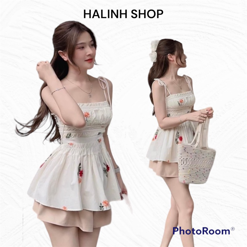 Set Áo 2 Dây Hoa Thêu Cột Vai Kèm Quần Ngắn Short Lưng Chun Màu Nâu Kem Mùa Hè Đi Biển- Halinh Shop