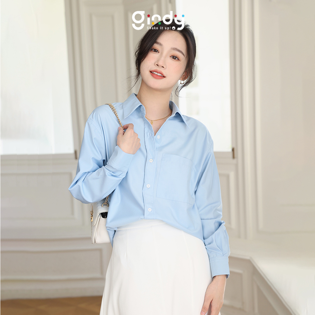 Áo sơ mi nữ GINDY dài tay basic trơn form rộng dáng suông dài kiểu Hàn Quốc thời trang thu đông 2023 A018
