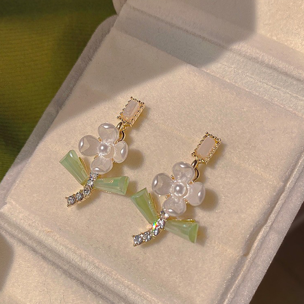 Bông Tai Hoa Xà Cừ S925 Pha Lê Xanh Phong Cách Hàn Quốc