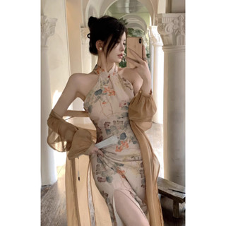 Váy Đầm Đi Tiệc Mặc Tết Sườn xám cổ phong Thượng Hải kèm áo khoác mỏng sang trọng quyến rũ cho nữ