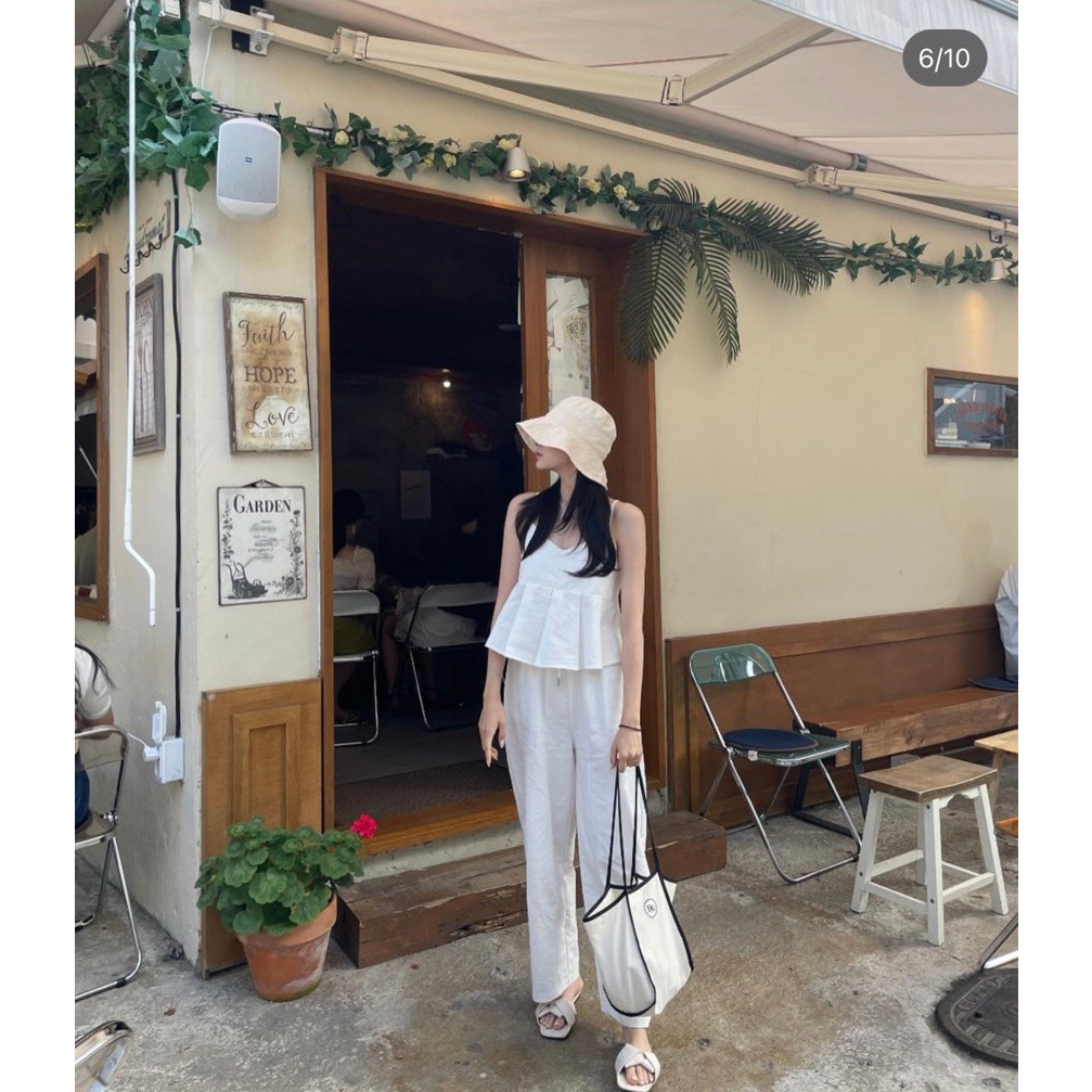 SET ÁO 2 DÂY CROPTOP PEPLUM + QUẦN SUÔNG LƯNG THUN TRẮNG SHEEP