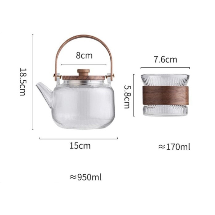 Bộ ấm trà có nắp gỗ và cốc thủy tinh thanh lịch - HDAT0009