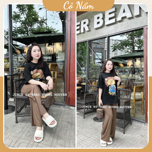 Set Bộ Đồ Nữ Áo Phông Cô Gái Má Phính Mix Quần Suông Nâu Dập Ly Hàng đẹp Freesize