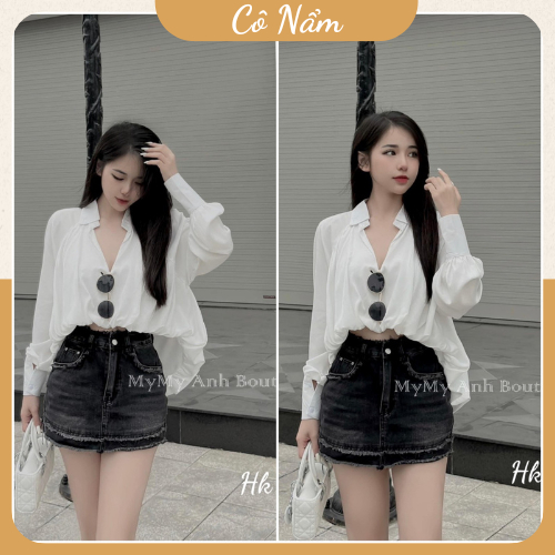 Áo Sơ Mi Trắng Nữ Tơ Xước Lót Lụa Tay Phồng Bo Gấu Tay Dài Tay Vạt Lệch Freesize