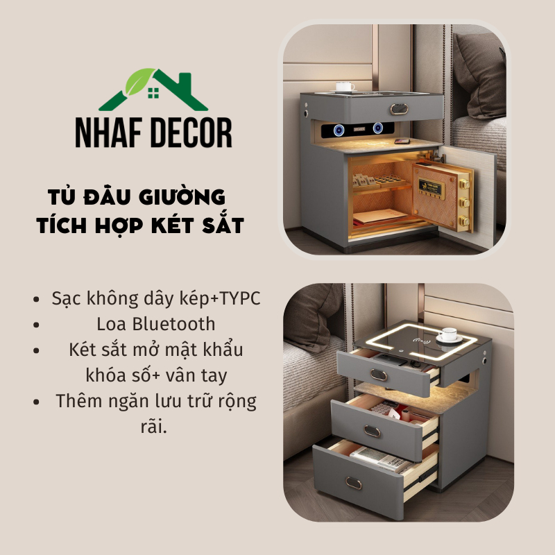 Tab đầu giường,Kệ Tủ đầu giường thông minh kèm két sắt mini khóa số+vân tay sạc kép khôg dây,loa bluetooth,cổng sạc USB
