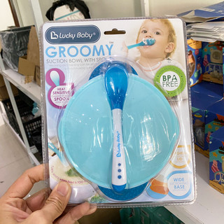 Bát ăn dặm chống đổ kèm thìa báo nóng cho bé Lucky Baby- Singapore