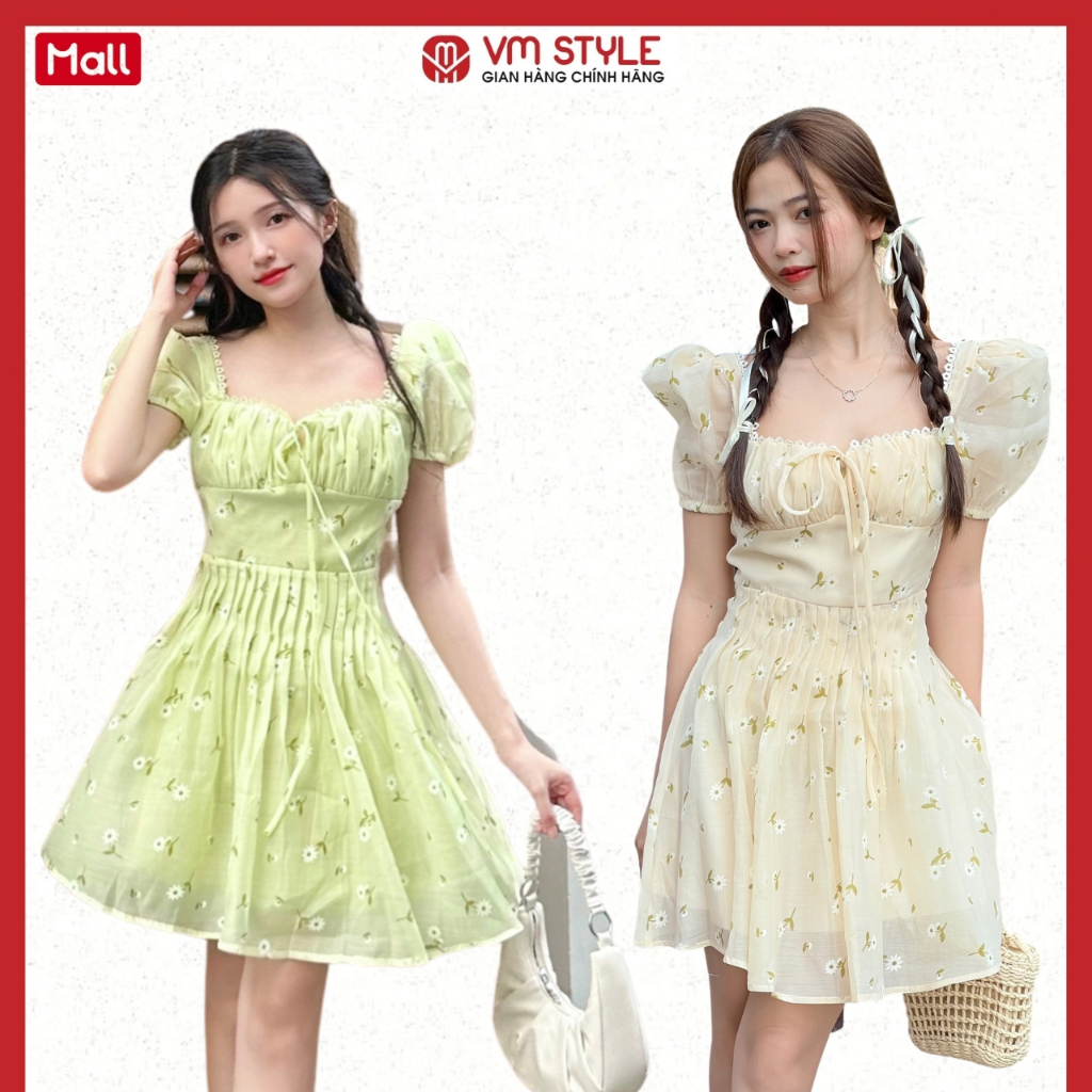Đầm nữ VMSTYLE đi biển tay ngắn phồng dáng xòe họa tiết hoa nhí nhún ngực xếp li thời trang mùa hè 5129 - VDU00380