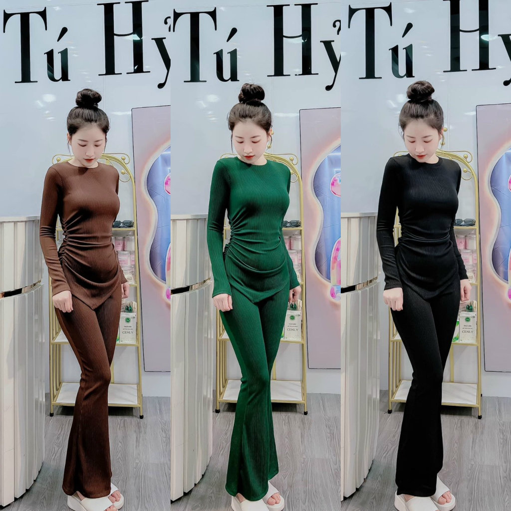 Set bộ gân áo tay dài nhún sườn vạt nhọn mix quần loe với các tone màu tươi tắn, xinh xắn phù hợp đi chơi, đi dạo