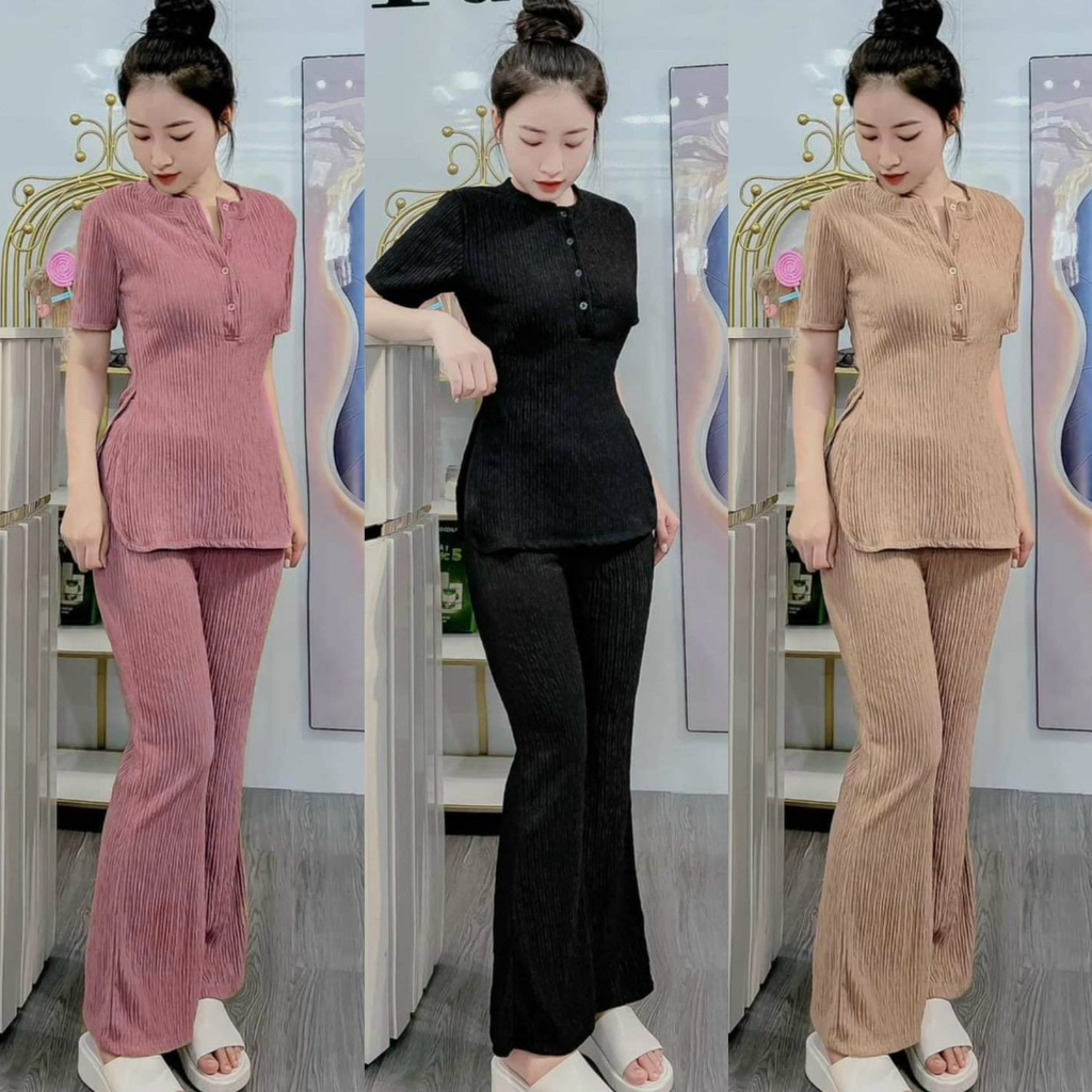 Set bộ xốp áo tay ngắn xẻ tà mix quần ống loe cùng tone màu siêu tôn dáng, trẻ trung cho các nàng đi chơi, đi dạo