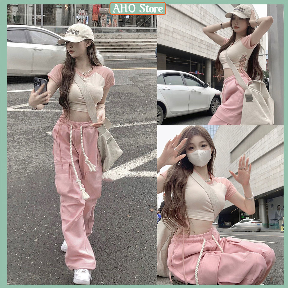 Bộ Đồ Nữ Áo Croptop Nữ Phối Tay Mix Quần Suông Hồng Túi Hộp 2 Bên Dây Rút Thừng Freesize