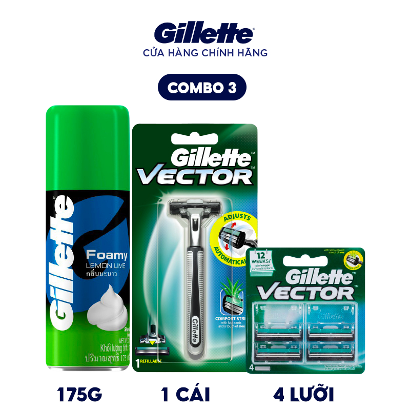 Combo 3 gồm Dao Cạo Gillette Vector 1UP, lưỡi cạo râu 4s Vector và bọt cạo râu Gillette 175g