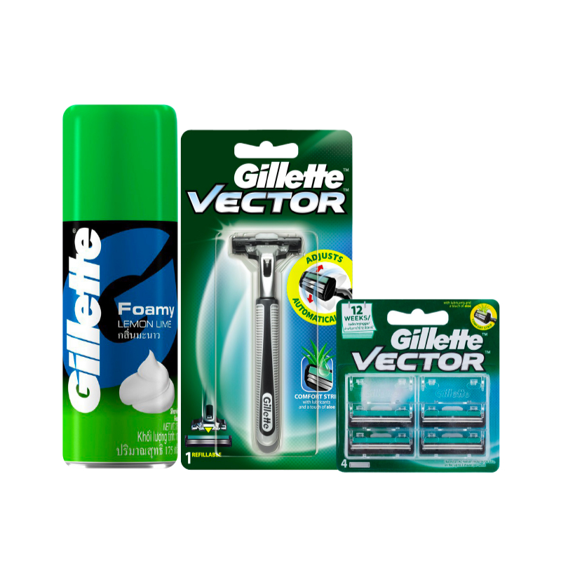 Combo 3 gồm Dao Cạo Gillette Vector 1UP, lưỡi cạo râu 4s Vector và bọt cạo râu Gillette 175g