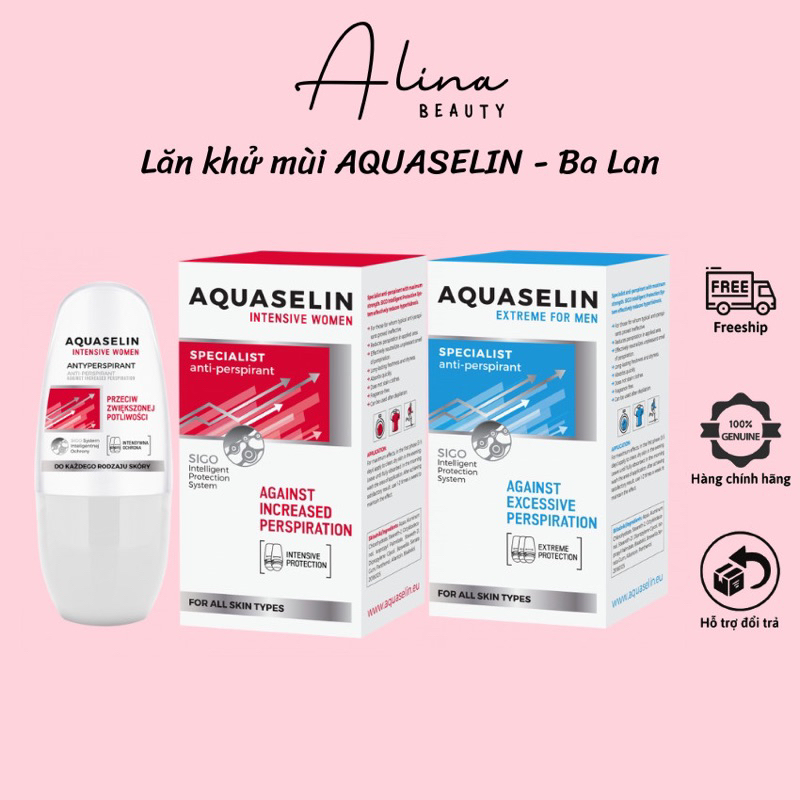 Lăn AQUASELIN Ba Lan khử mồ hôi,khử mùi cơ thể,giúp nách khô thoáng,không mùi 50ml