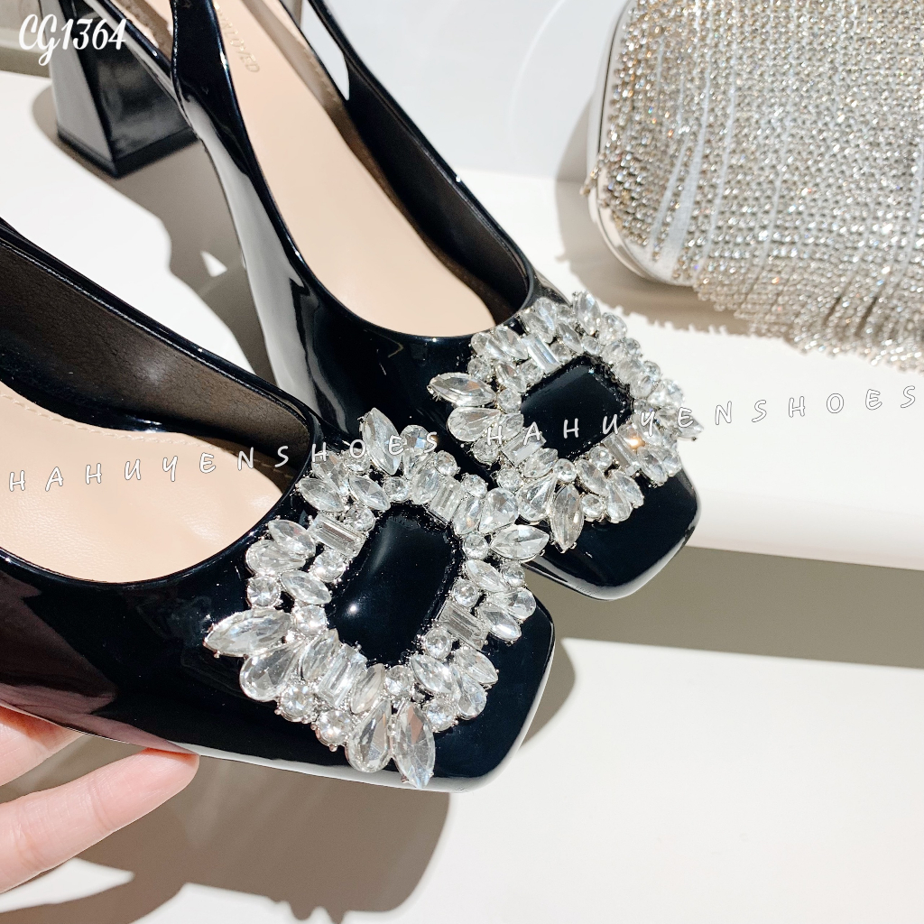 Giày cao gót nữ Hà Huyền Shoes da bóng đính đá gót vuông 8 phân - CG1364