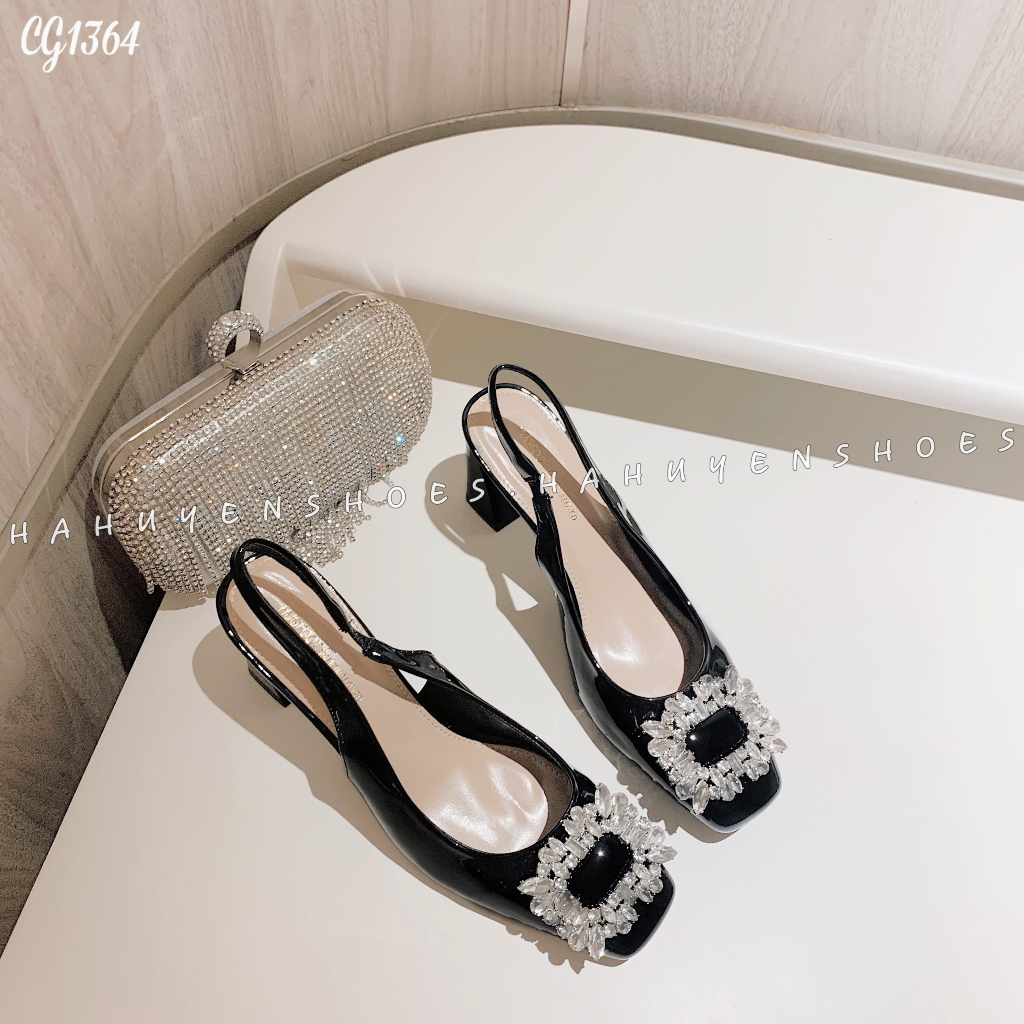 Giày cao gót nữ Hà Huyền Shoes da bóng đính đá gót vuông 8 phân - CG1364