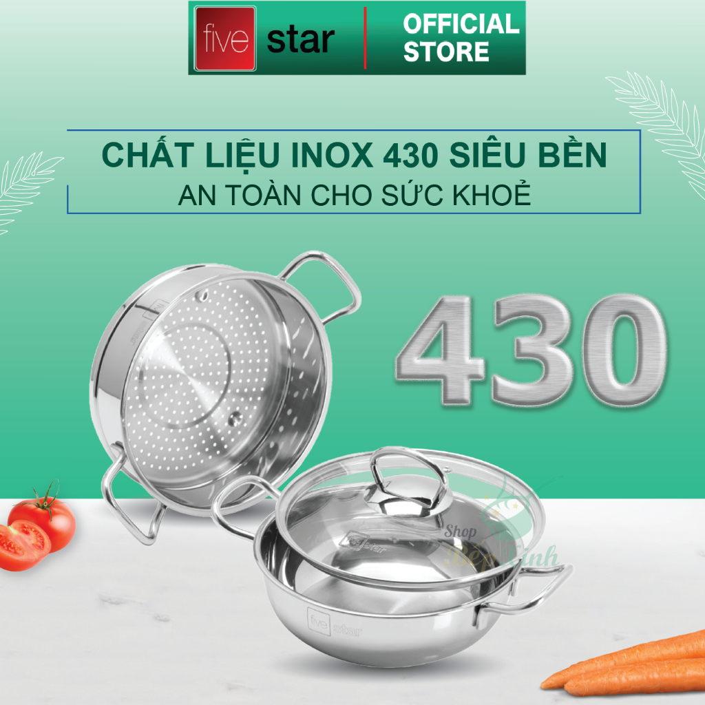 Nồi lẩu inox 430 cao cấp 3 đáy FIVESTAR nắp kính 20cm | 24cm | 26cm | 28cm - tặng 1 vá canh