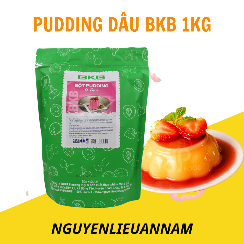 Bột Pudding BKB vị dâu túi 1kg thơm ngon, mềm mịn, cách nấu đơn giản