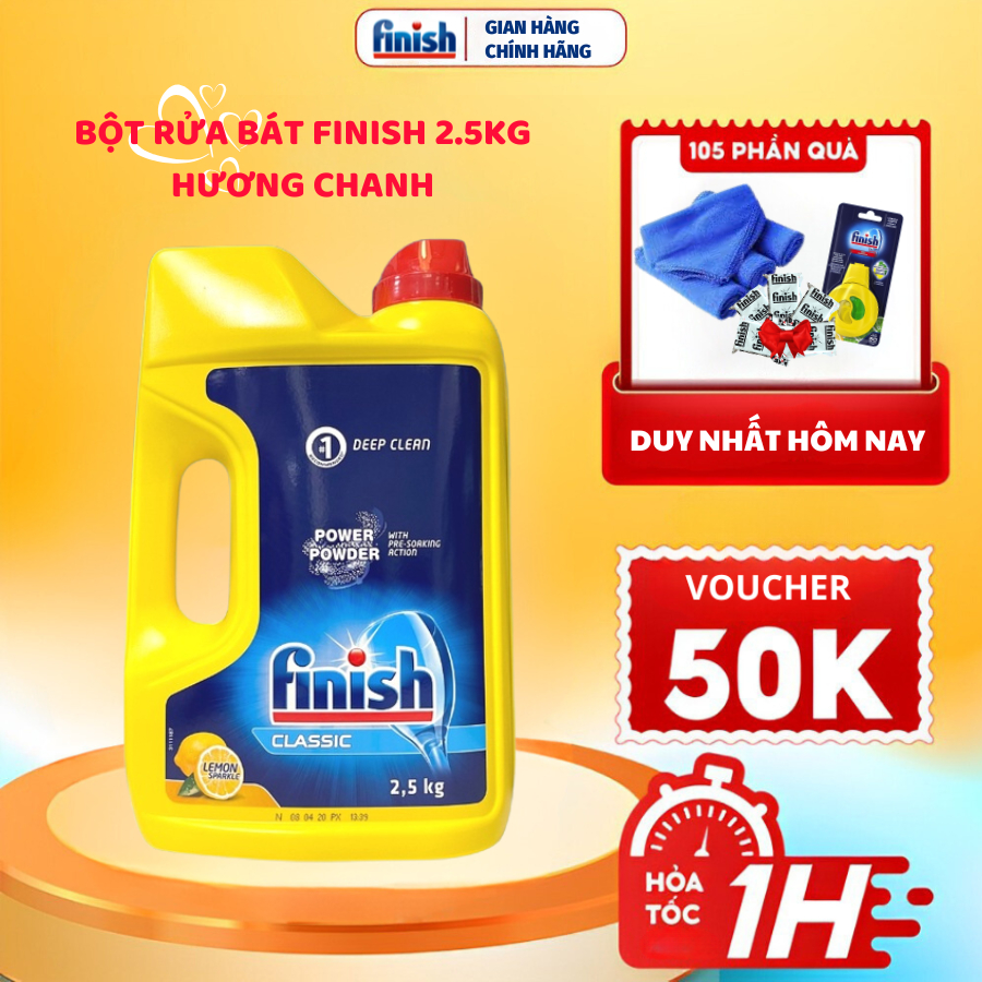 Bột rửa bát Finish 2.5kg hương chanh nhập khẩu EU, làm sạch sâu, an toàn sức khoẻ người sử dụng, tiết kiệm tối ưu