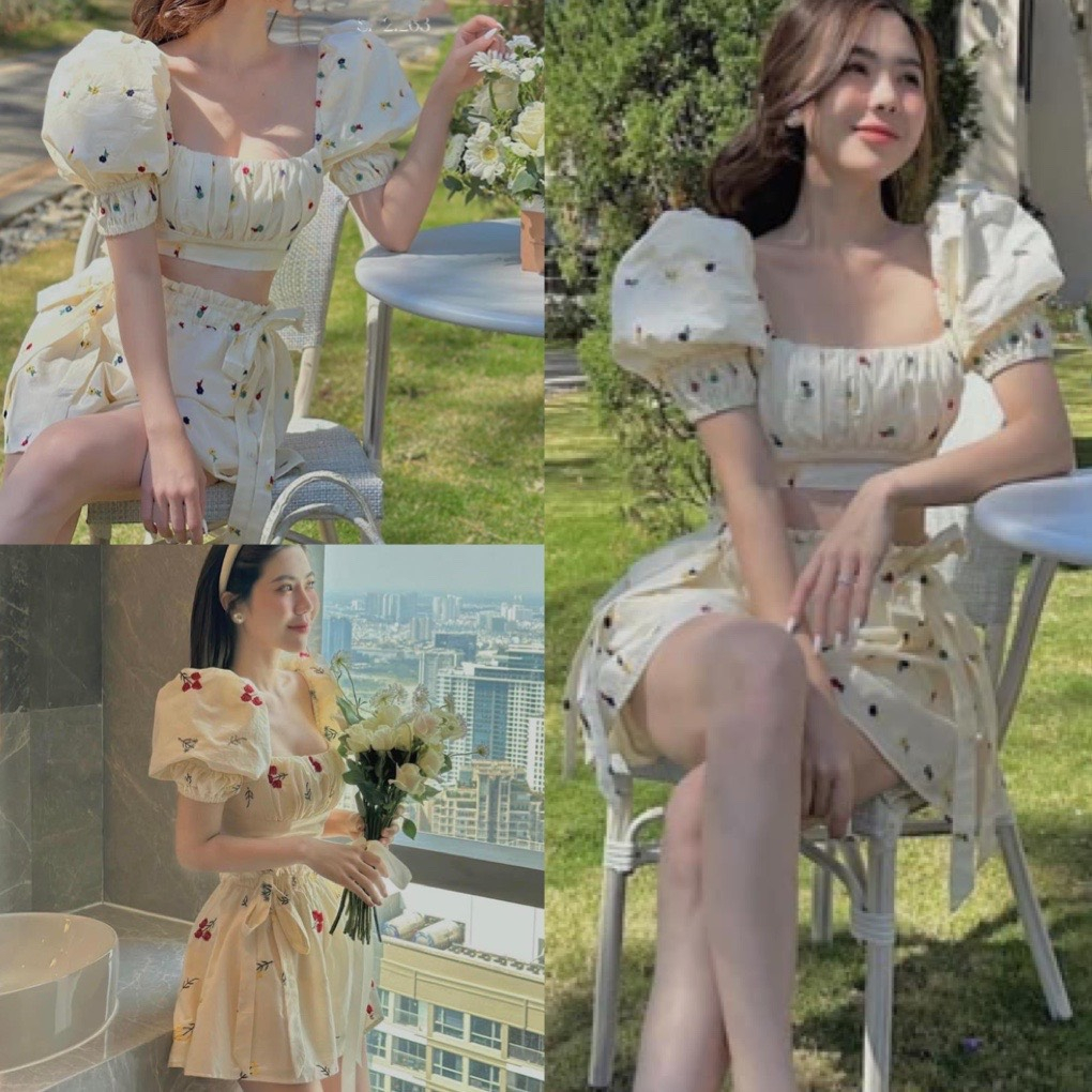 Sét đồ nữ- áo croptop hoa nhí xếp ly ngực tay bồng kèm quần giả váy xòe lưng cao màu be sữa chất thô mềm đi chơi đi biển