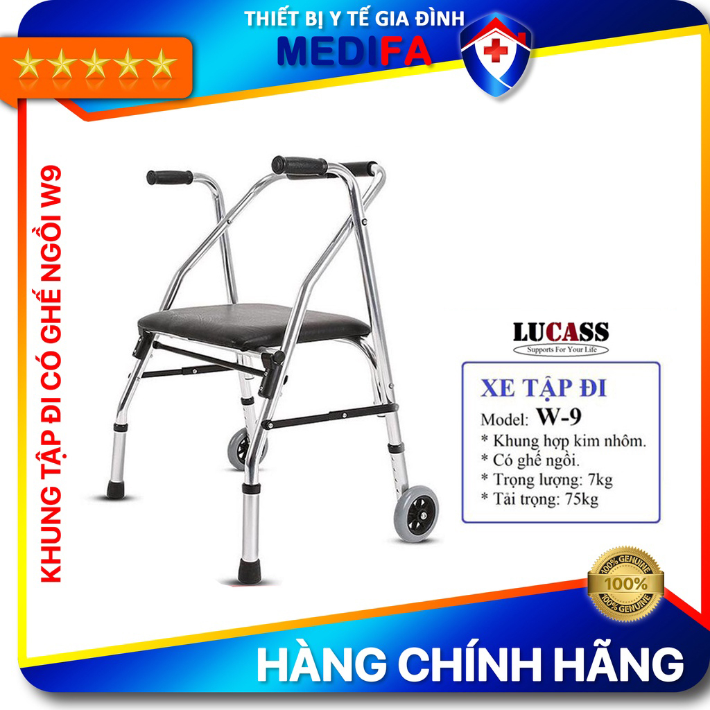 Khung tập đi cao cấp Lucass W9 cho người lớn, người già, ghế ngồi bọc da, không bị rỉ