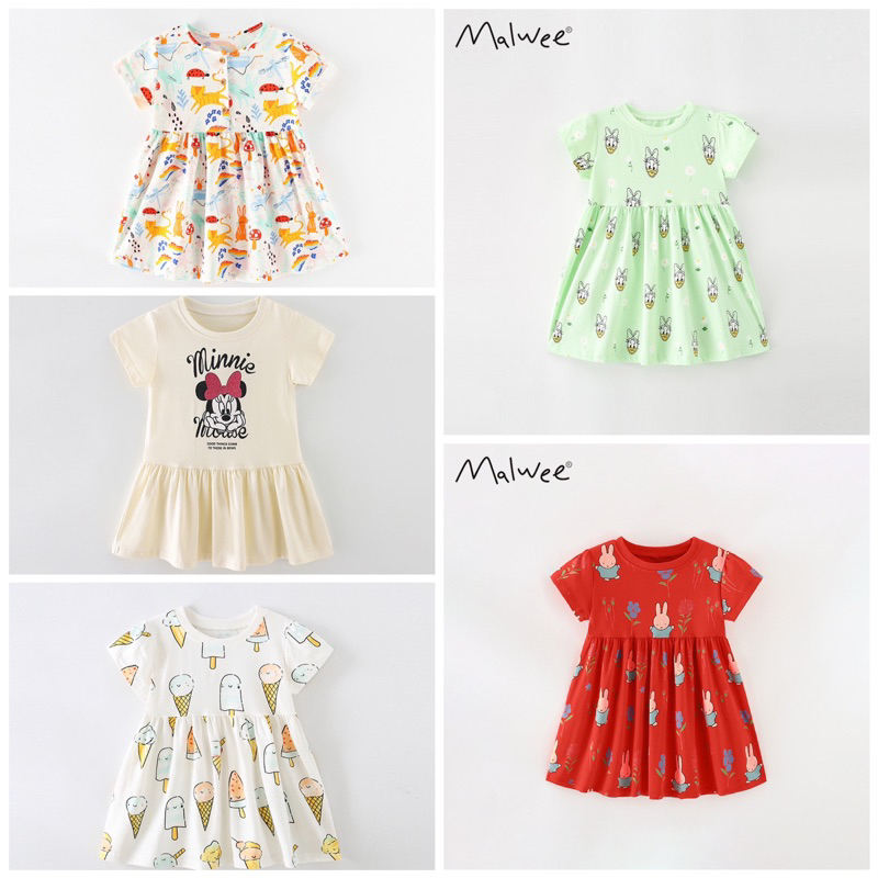 Váy bé gái cộc tay mùa hè, thun cotton họa tiết vịt donal, hoạ tiết kem ốc quế 2-7t ( Malwee)