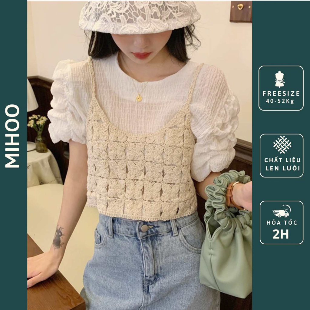 Áo hai dây len đan móc chất dày dặn, Áo hai dây nữ ccroptop, Áo lưới đi biển đi du lịch mix sơ mi váy siêu đẹp