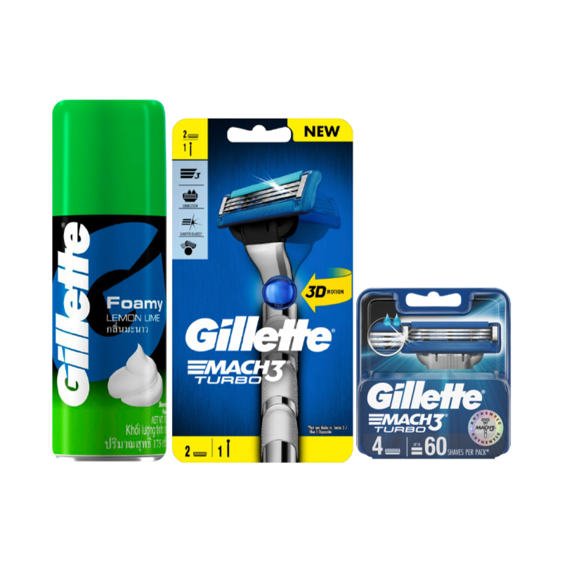 Combo 3 gồm Cán/ dao Gillette Mach3 Turbo, Lưỡi dao cạo râu Gillette Mach3 4s và Bọt cạo râu Gillette 175g