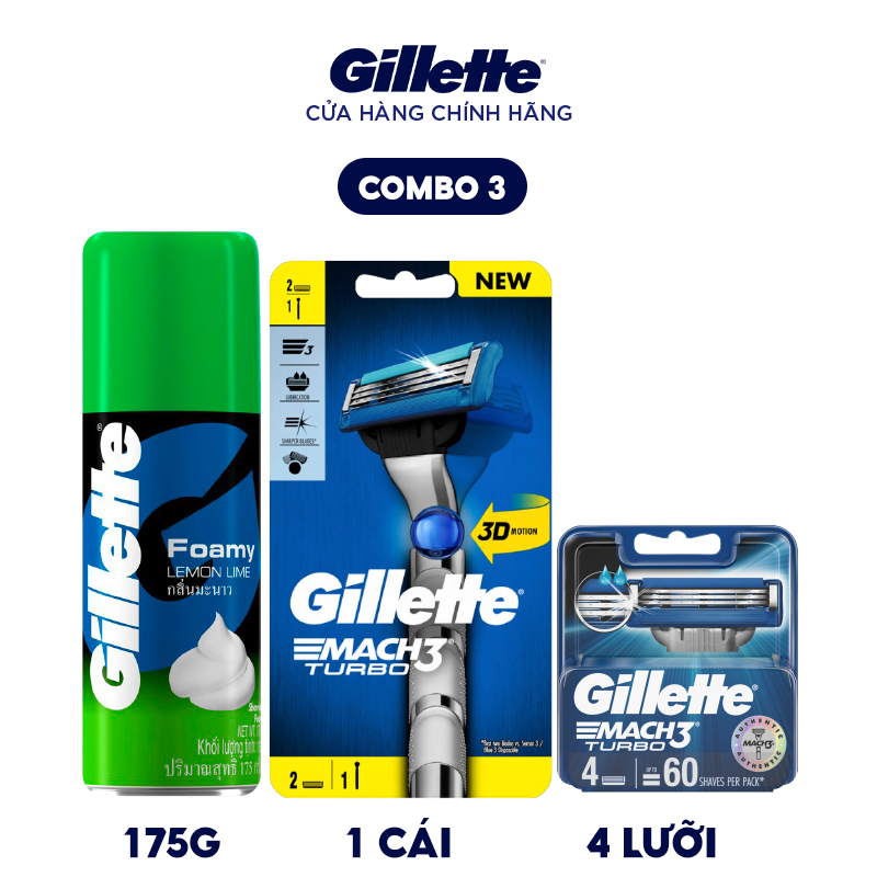 Combo 3 gồm Cán/ dao Gillette Mach3 Turbo, Lưỡi dao cạo râu Gillette Mach3 4s và Bọt cạo râu Gillette 175g