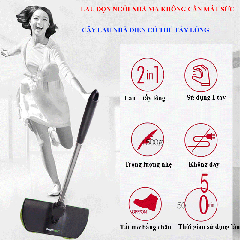 Máy lau nhà điện không dây Supermaid, cây lau nhà thông minh, máy lau sàn thiết kế chắc chắn, sử dụng tiện lợi BH 1 năm | BigBuy360 - bigbuy360.vn