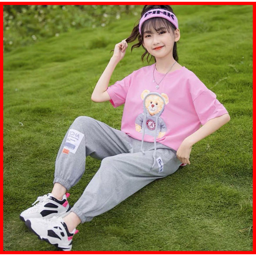 Set quần Jogger Áo In Gấu Phối Dây Dễ Thương Cho Bé Gái BXG159