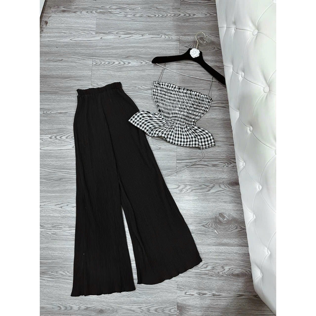 Set bộ nữ , Set áo 2 dây có sọc caro mix cùng quần ống suông dập ly thiết kế siêu tôn dáng cho mấy nàng diên đi chơi