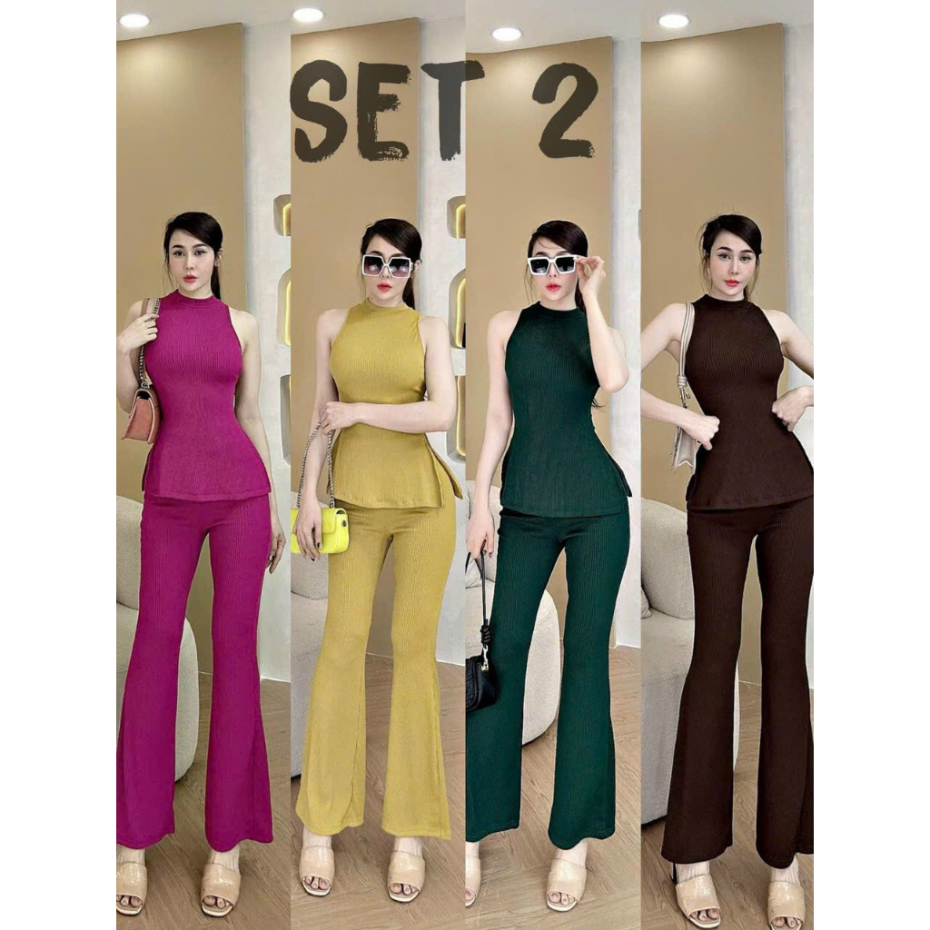Set thun gân áo ba lỗ có sẻ tà mix cùng quần ống loe siêu hack dáng cho mấy chị em diện đi chơi