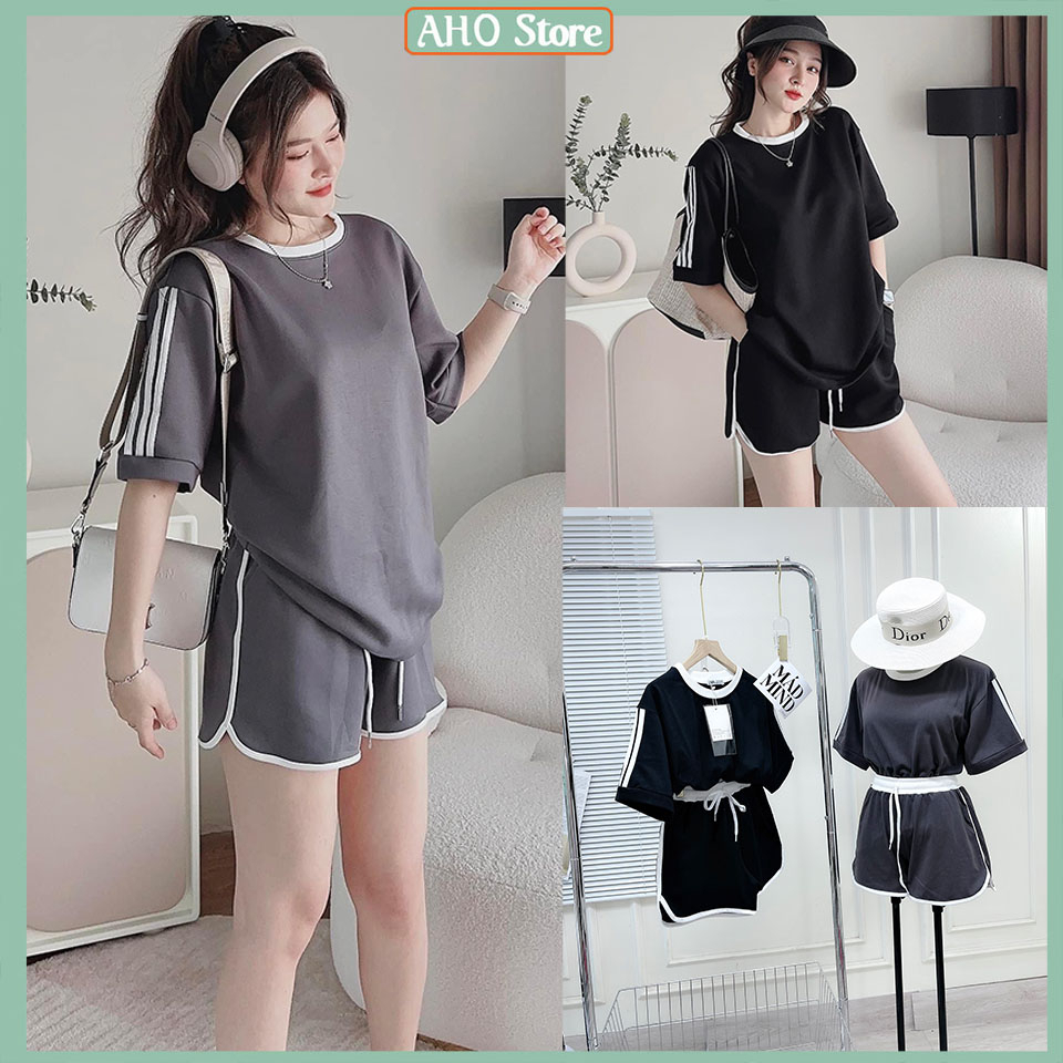 Bộ Đùi Thể Thao Nữ Áo Phông Nữ Trơn Phối Sọc Tay Mix Quần Sooc Đùi Phối Viền Trắng Lượn Freesize