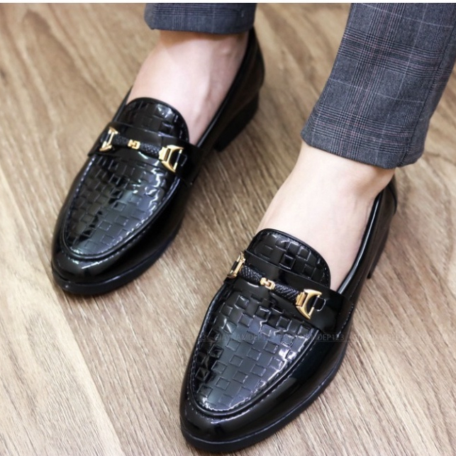 Giày Lười Nam Đẹp - Giày Da Nam Da Bóng korea Có Đai Vàng, Mã L157
