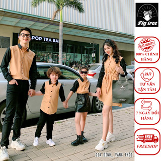 Set Sơ Mi Váy Gia Đình FIGTREE Vàng Phối Đen Nhã Nhặn