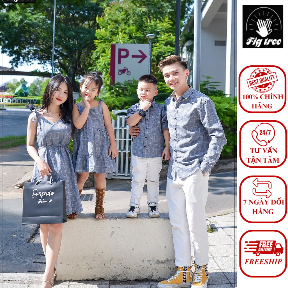Combo Sơ Mi Yếm Gia Đình Fig Tree Caro Xám Mã 126A Hàng Thời Trang Thiết Kế Đẹp Rẻ