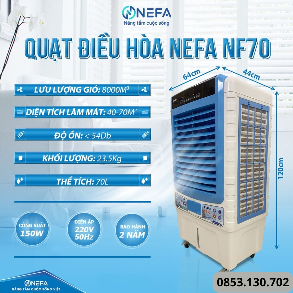 Quạt Điều Hòa NEFA NF70 Máy Chạy Siêu Bền Bảo Hành 2 Năm, máy làm mát không khí NEFA cân bằng độ ẩm Làm sạch không khí