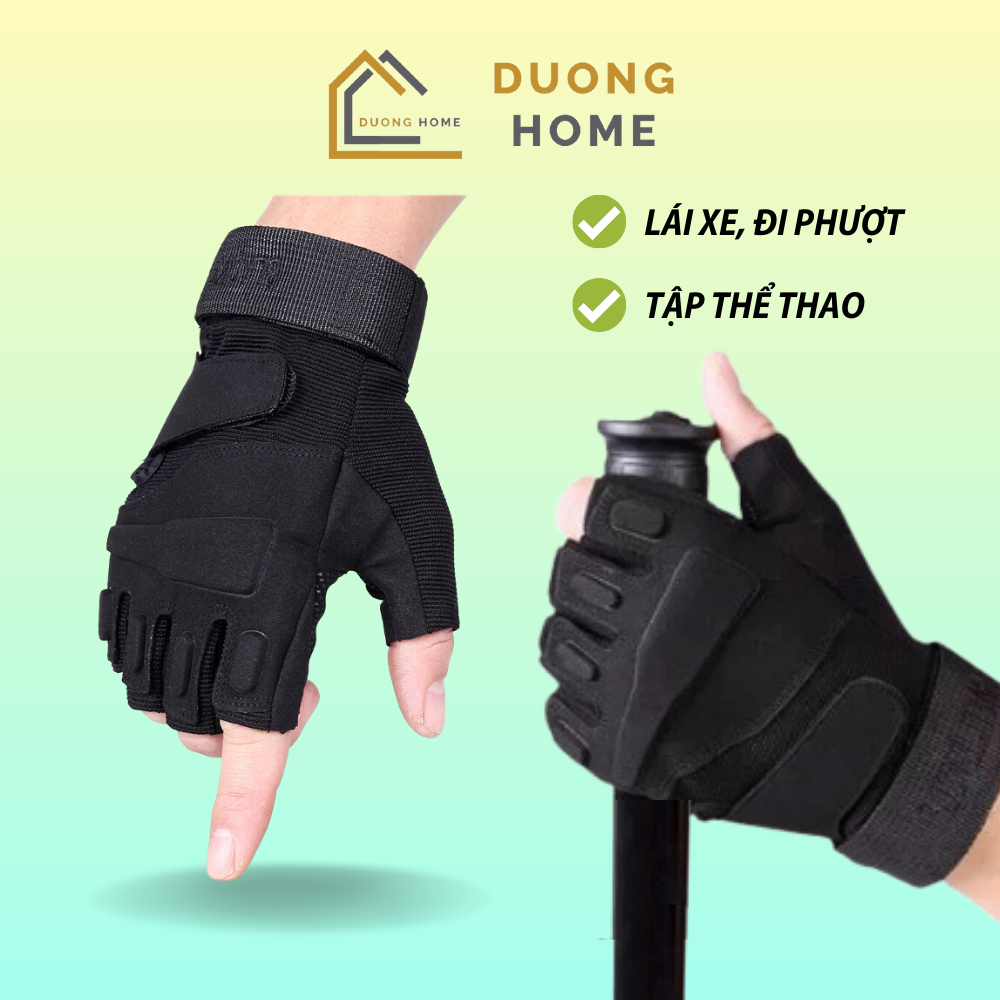 Găng Tay Đi Xe Máy Đi Phượt, Găng Tay Tập Thể Thao, Găng Tay Cụt Ngón Black Màu Đen DUONGHOME