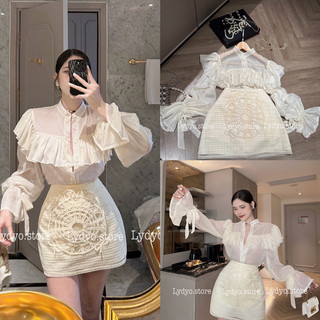 Set váy đầm voan tơ ren, thiết kế chân váy ren ngắn tay cách điệu cao cấp
