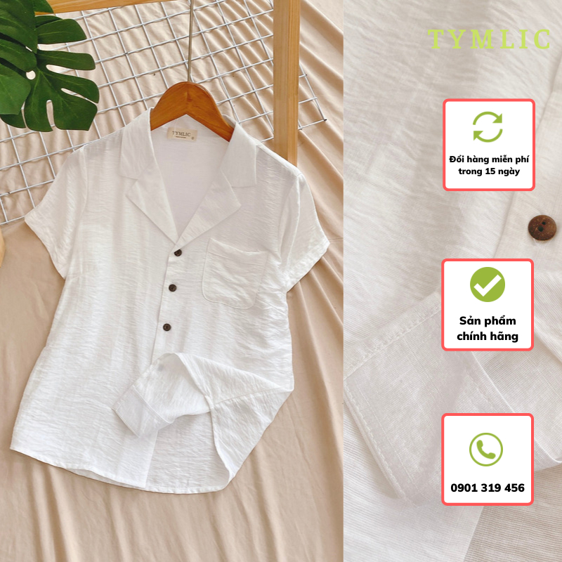 Áo Sơ Mi Đũi Xước Cổ Pijama Ngắn Tay Màu Trắng TYMLIC