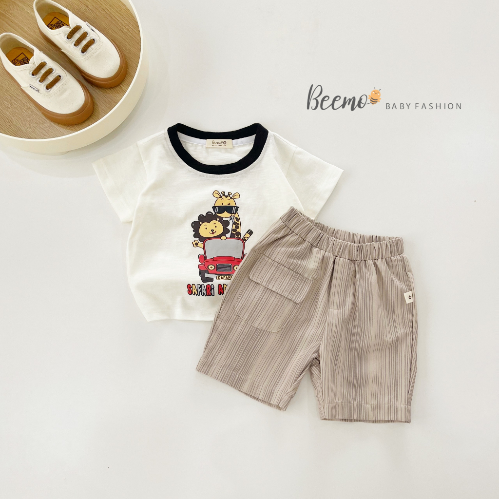 Set bộ quần áo bé trai Beemo in hình thú safari, áo cotton quần thô mềm mại, thấm hút mồ hôi từ 1 - 7 tuổi  22127B