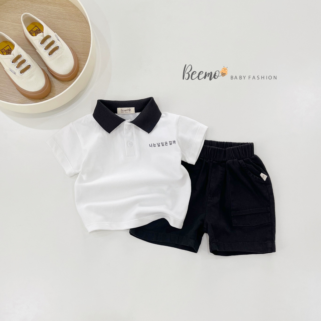 Set bộ quần áo Beemo cổ polo in chữ Hàn Quốc trước ngực chất liệu cotton cá sấu mềm mát mặc hè cho bé 1 - 7 tuổi 23171B