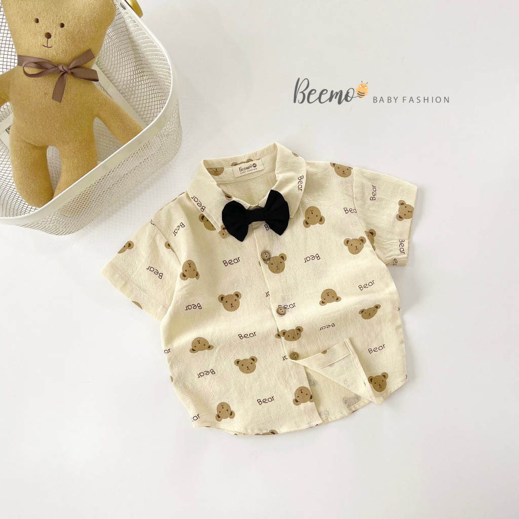 Set bộ sơ mi Beemo kèm nơ in gấu áo đũi mix quần kaki mềm mát mặc hè đi chơi, đi tiệc cho bé từ 1 - 7 tuổi 23251B